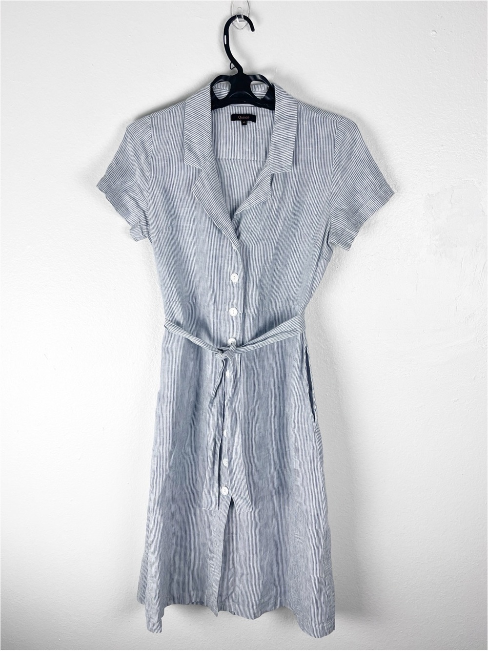 QUINCE 100% European Linen Blue Pinstripe Pockets Belted Waist Button Dress XS
